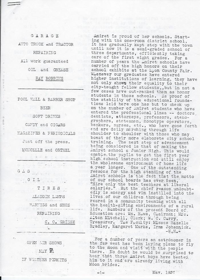 Amiret Newsletter, May, 1937