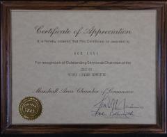 Certificate of Appreciation to Bob Lage from the Chamber of Commerce, 1982-83