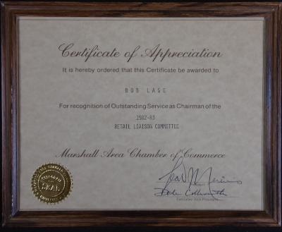Certificate of Appreciation to Bob Lage from the Chamber of Commerce, 1982-83