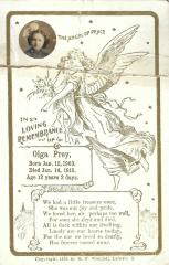 Remembrance Card for Olga Prey (1/12/1903-1/14/1915)