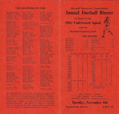 1962 Marshall Downtown Quarterbacks Annual Football Dinner Program