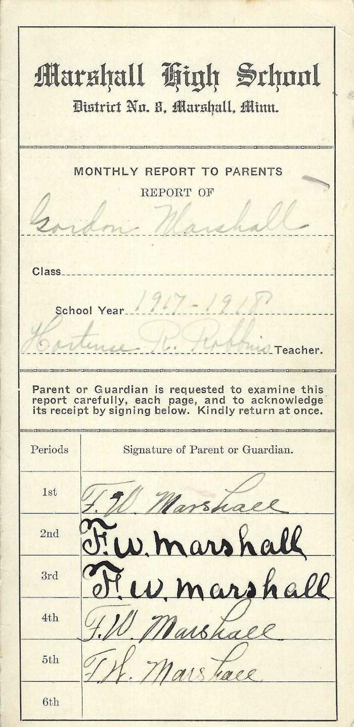 Marshall High School Report Card for Gordon Marshall, 1917-1918