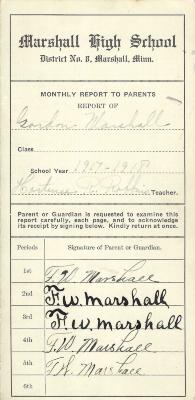 Marshall High School Report Card for Gordon Marshall, 1917-1918