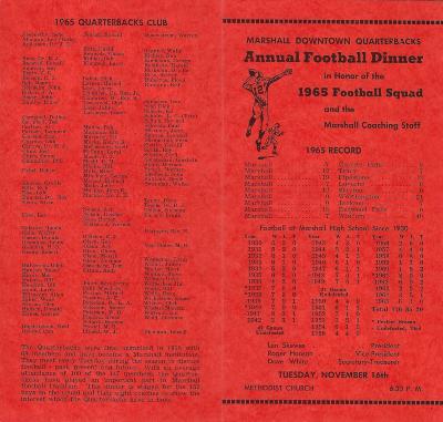 1965 Marshall Downtown Quarterbacks Annual Football Dinner Program