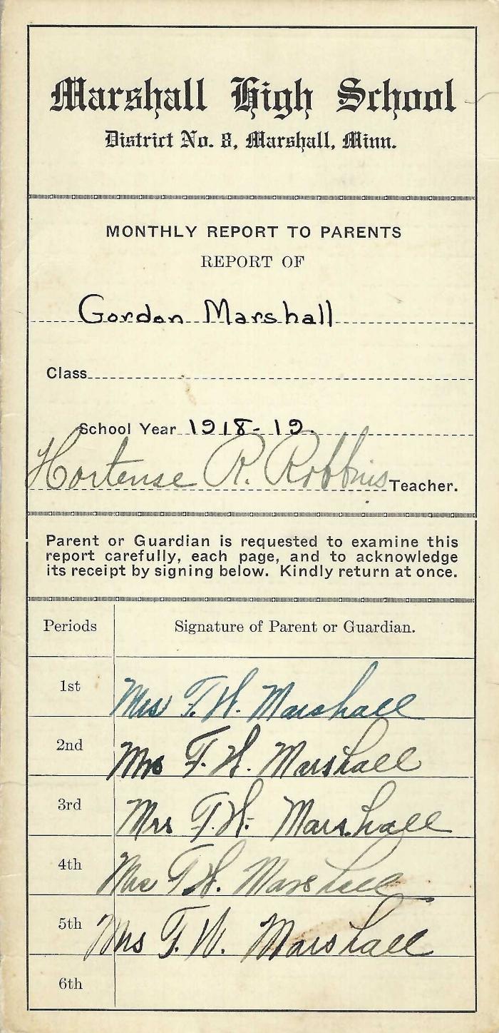 1918-19 Marshall High School Report Card