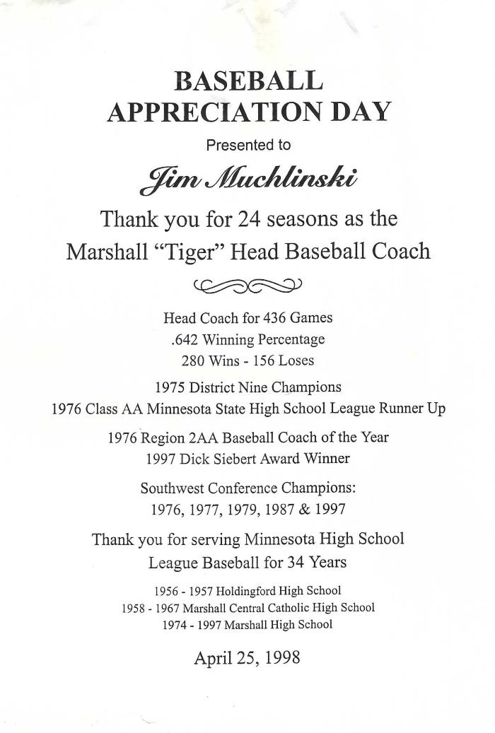 Announcement of Baseball Appreciation Day Presented to Jim Muchlinski, April 25, 1998