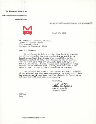 Golden Valley High School, Class of 1965 Letter Re: Minneapolis School of Art Scholarship
