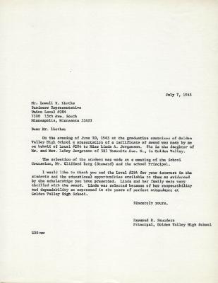 Golden Valley High School, Class of 1965 Letter Re: Public Schools Employee Union Local #284 Award Program