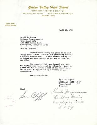 Golden Valley High School, Class of 1965 Letter Re: Public Schools Employee Union Local #284 Award Program