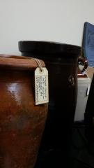 Two clay crocks donated by Mrs. Loring (Mildred) Tuckey on 8/17/70. (19700817.1.G)