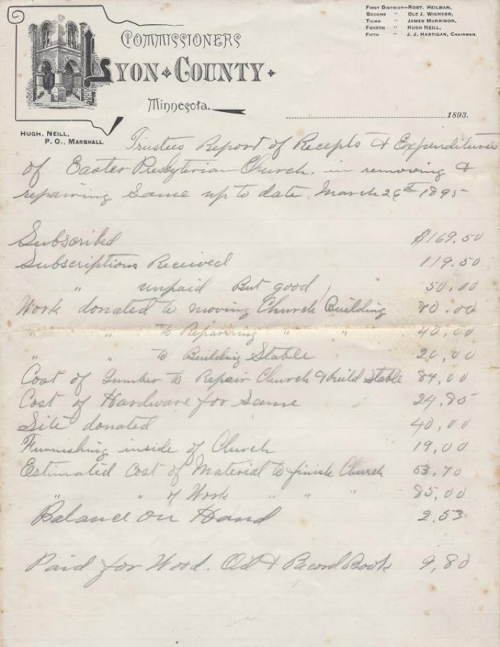 Trustees Report of Receipts and Expenditures of Easter Presbyterian Church