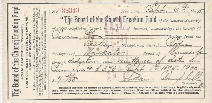 Board of Church Erection Fund Receipt