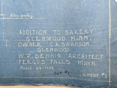 Blueprints for the Swanson Bakery Addition, Glenwood, 1927