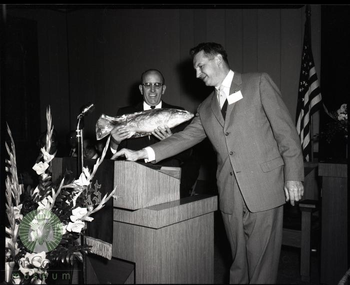 A Minnewaska Walleye for Nebraska Minnister, Rev. Lester W. Dickinson, presented by Raymond F. Kollodge Glenwood Minnesota. 