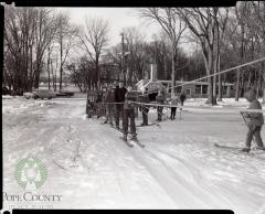 Line of Young Skiers wait for the tow at Glenhaven Hills Grounds, Glenwood Minnesota
