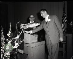 A Minnewaska Walleye for Nebraska Minnister, Rev. Lester W. Dickinson, presented by Raymond F. Kollodge Glenwood Minnesota. 