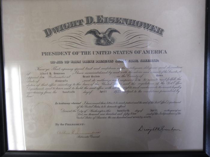 Albert Temanson's Postmaster General Certificate