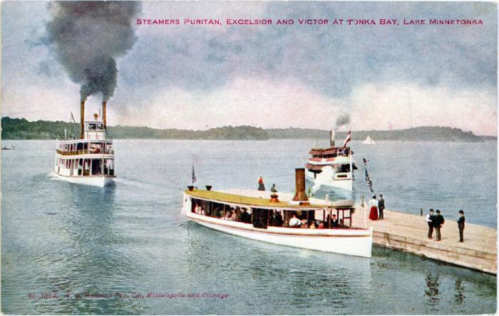 Steamers Puritan, Excelsior and Victor at Tonka Bay, Lake Minnetonka