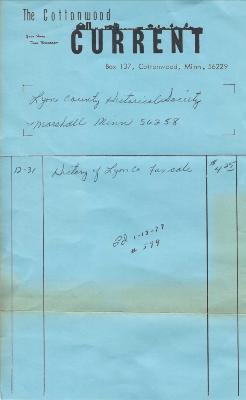 Receipt to Lyon County Historical Society From The Cottonwood Current, January 13, 1979