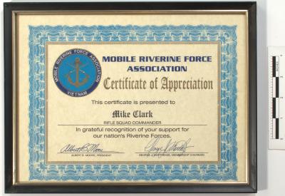 Mobile Riverine Force Association Certificate of Appreciation