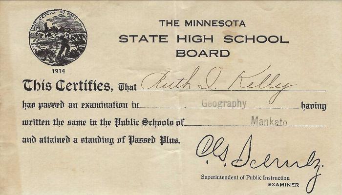 Minnesota Sate High School Board Certificate for Ruth Kelly, 1914