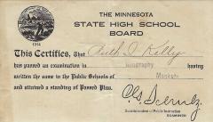 Minnesota Sate High School Board Certificate for Ruth Kelly, 1914