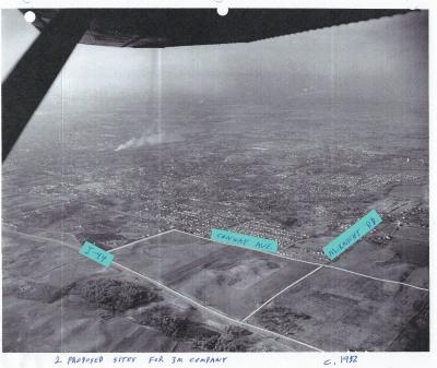 Aerial photo of two proposed sites for a new 3M Center in Maplewood