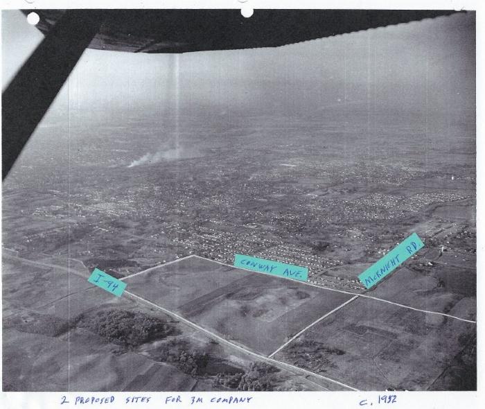 Aerial photo of two proposed sites for a new 3M Center in Maplewood