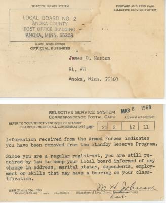 Card to James Huston from the selective Service System