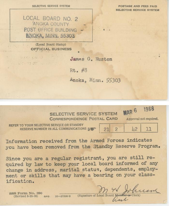 Card to James Huston from the selective Service System
