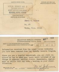 Card to James Huston from the selective Service System