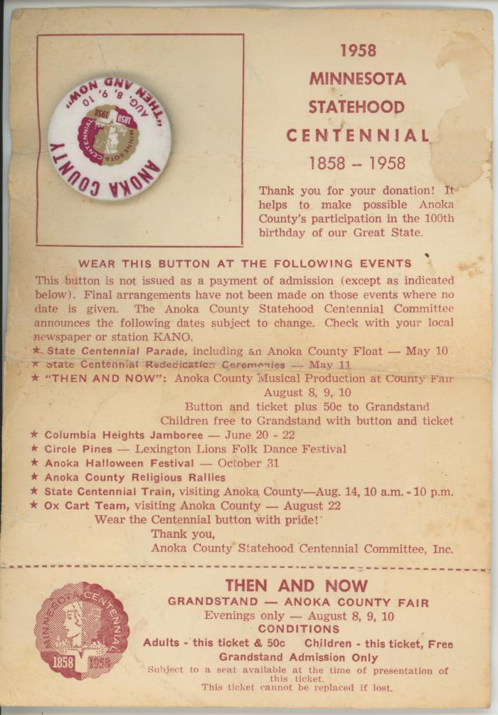 Minnesota Statehood Centennial pinback button