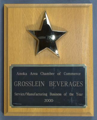 An award plaque Grosslein Beverages as a Service/Manufacturing Business of the Year for 2000.