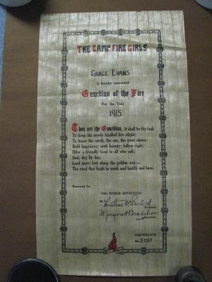 Campfire Girls Certificate- 1915