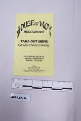 Take Out Menu, House of Moy Restaurant 