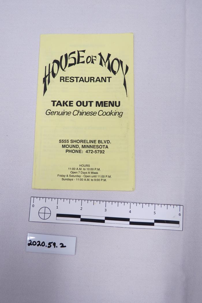 Take Out Menu, House of Moy Restaurant 