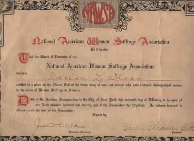 Marion L. Sloan Certificate