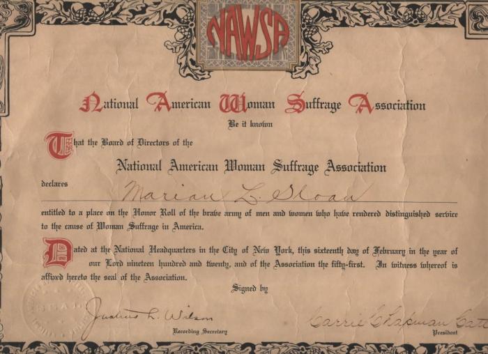 Marion L. Sloan Certificate