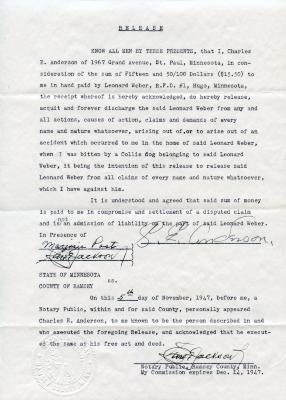 Leonard Weber Release Agreement for Dog Incident