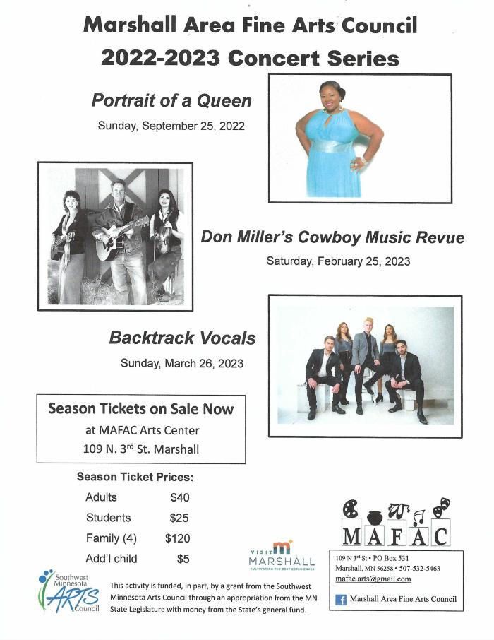 Marshall Area Fine Arts Council 2022-2023 Concert Series Poster