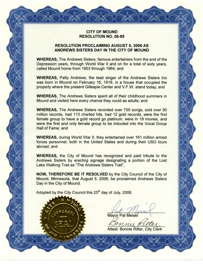 City of Mound Resolution No. 06-85 Proclaiming Andrews Sisters Day
