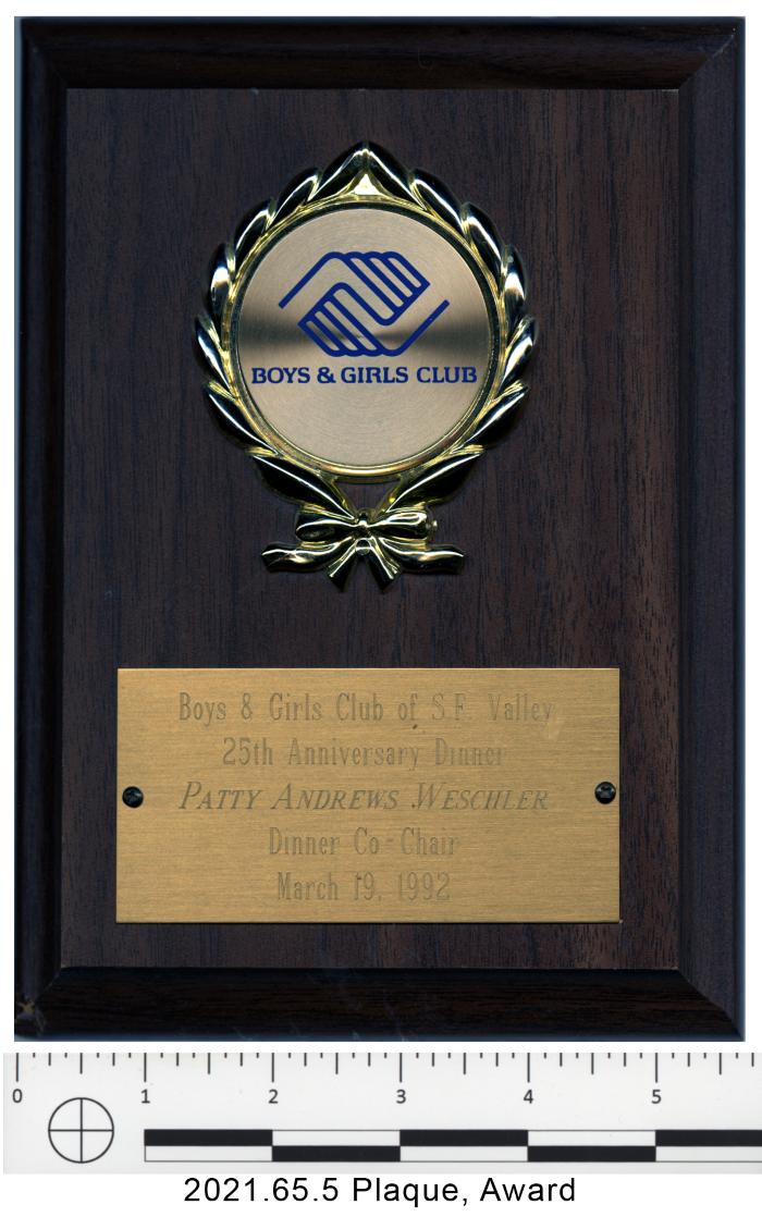 Boys & Girls Club of San Fernando Valley Plaque Presented to Patty Andrews