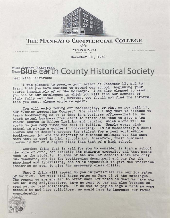 Letter from J. R. Brandrup to Esther Halverson Regarding Enrollment in the Mankato Commercial College