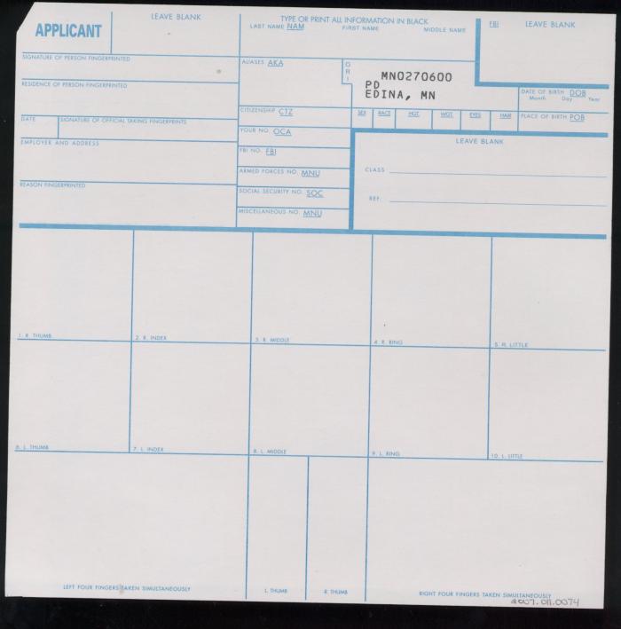 Fingerprint Card, Applicant for Position