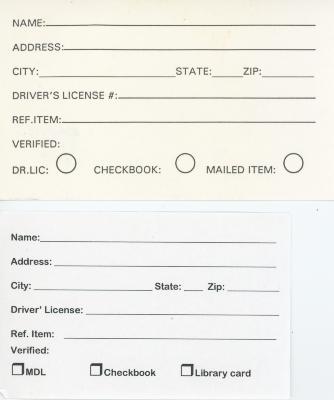 Address Cards used at the Anoka County Library