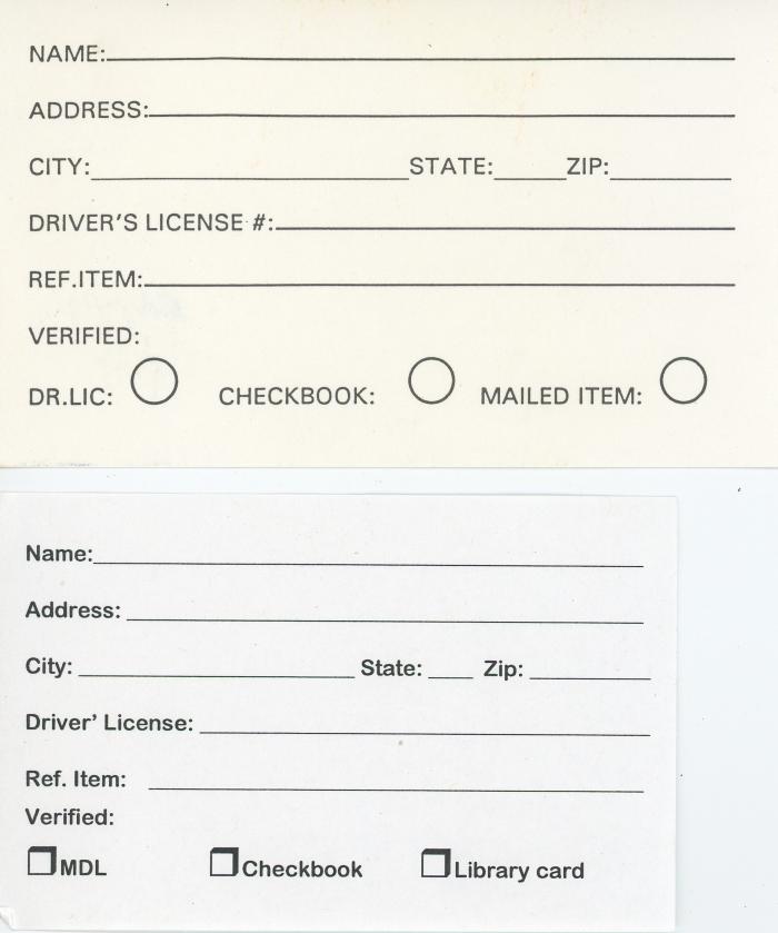 Address Cards used at the Anoka County Library