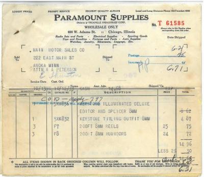 Bill of Sale from Paramount Industries to R.A. Peterson at Main Motors