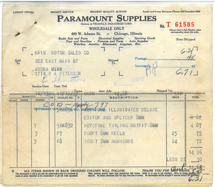 Bill of Sale from Paramount Industries to R.A. Peterson at Main Motors