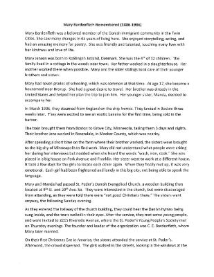 Mary Bardenfleth Remembered (1886-1986) Biography Document