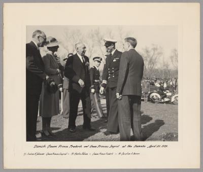 Photograph - Danish Crown Prince Frederik on the occasion of planting Sesquicentennial tree in front of Danebo April 22, 1939. Mr. Andrew N. Johnson, Danish Consul General, Minneapolis; Crown Princess Ingrid; Mr. Martin Nelson; Crown Prince Frederik; Mr. Christian A. Bossen